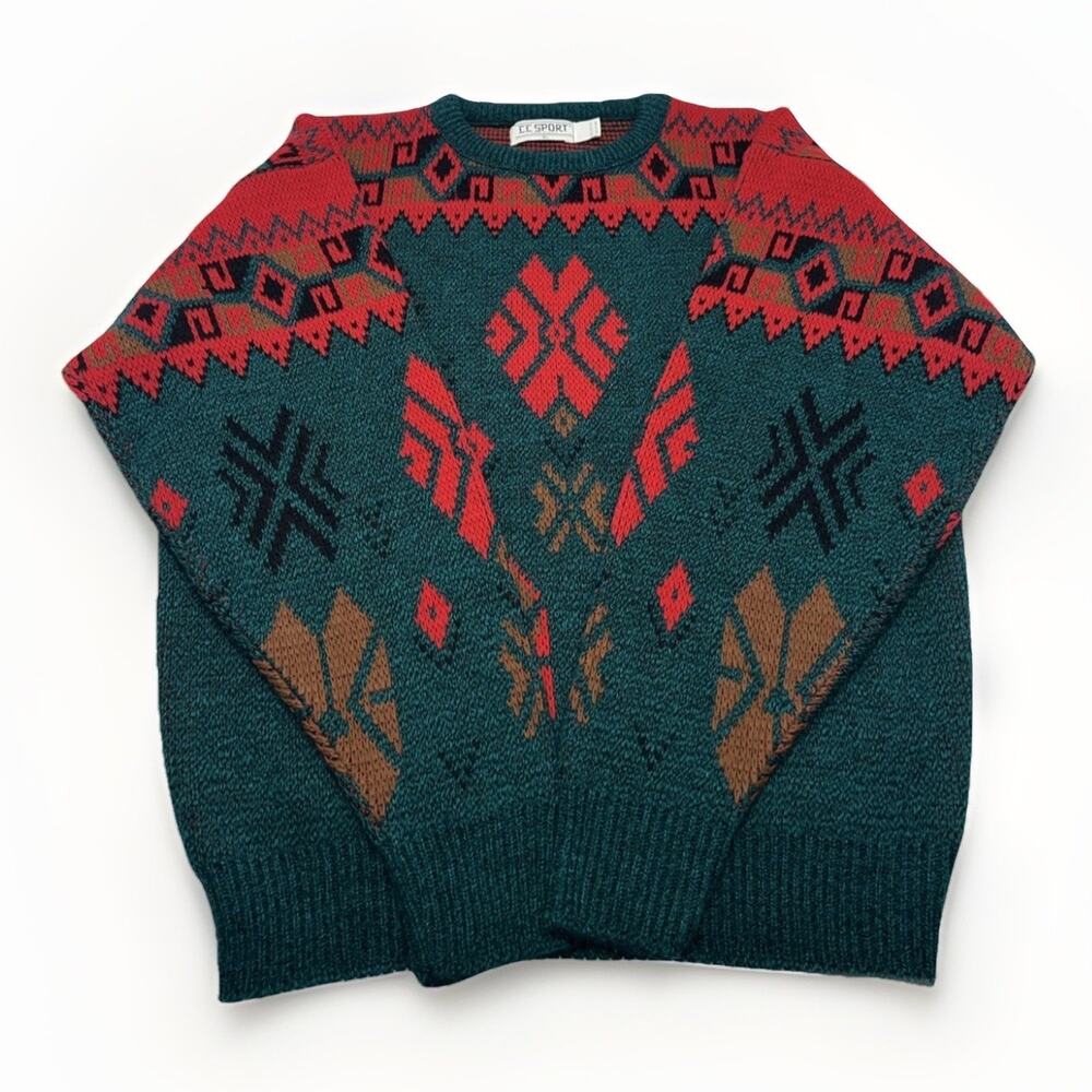 Vintage 90s CC SPORT Red/Green/Black Geometric Aztec Loose Knit Sweater Size XL